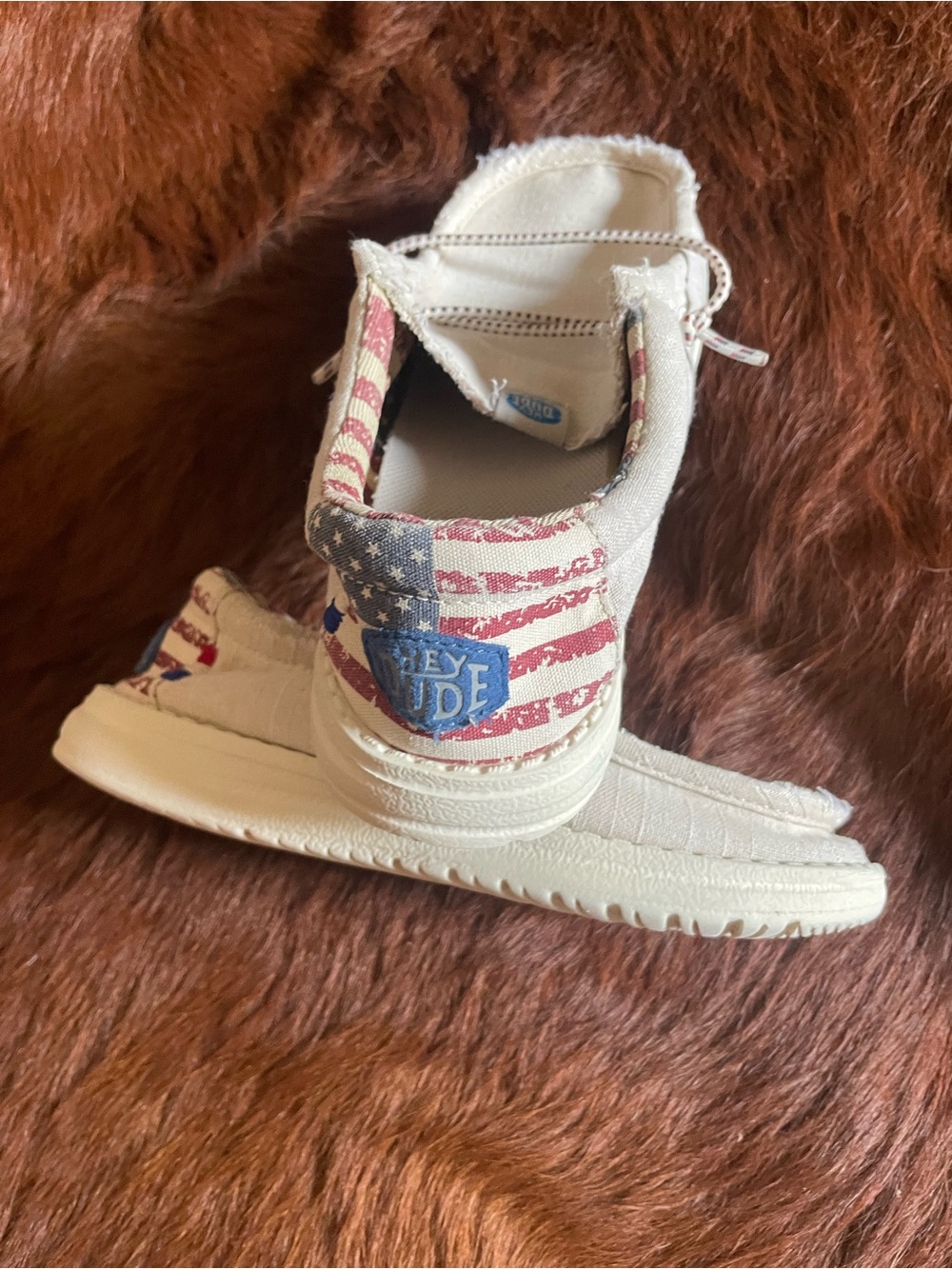 Hey Dude Kids Canvas Slip-On Shoes in Off-White, Red & Blue